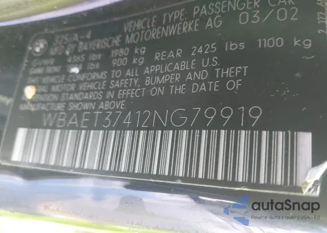 2002 BMW 325I z USA, uszkodzony, nr VIN WBAET37412NG79919